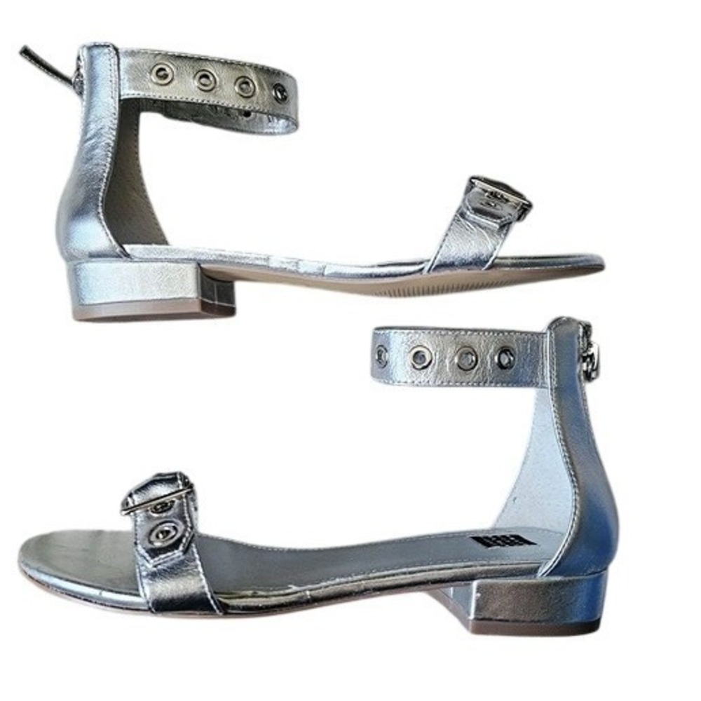 White House Black Market Cora Silver Leather Buckle Sandals Ankle Strap Sz 7.5‎
